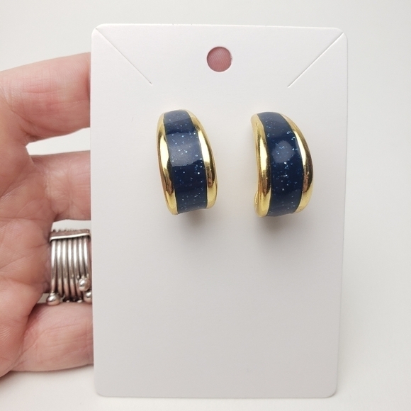 Vintage 90's Blue Enamel Hoops Earrings - Picture 2 of 6